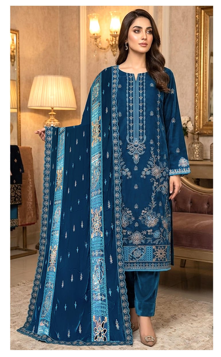 Velvet Premium Exclusive Heavy Embroidered 3Pc – Light Zinc | V177