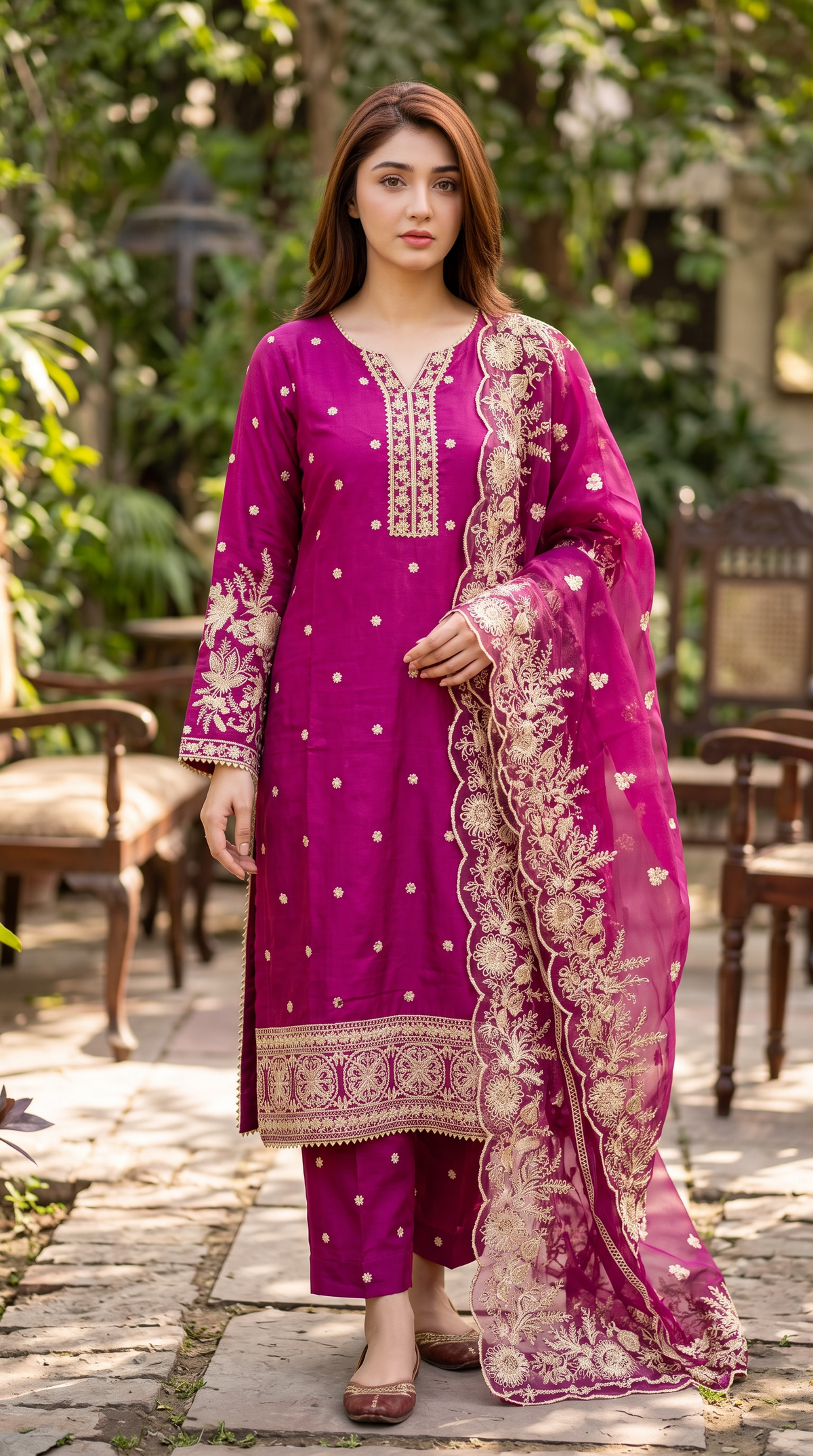 Rani Pink 3PCS Raw Silk Embroidered Suit With Organza Dupatta