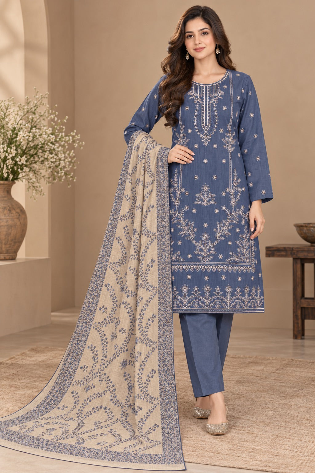Dhanak 3Pc with Handmade Multani Shawl – Ash Grey