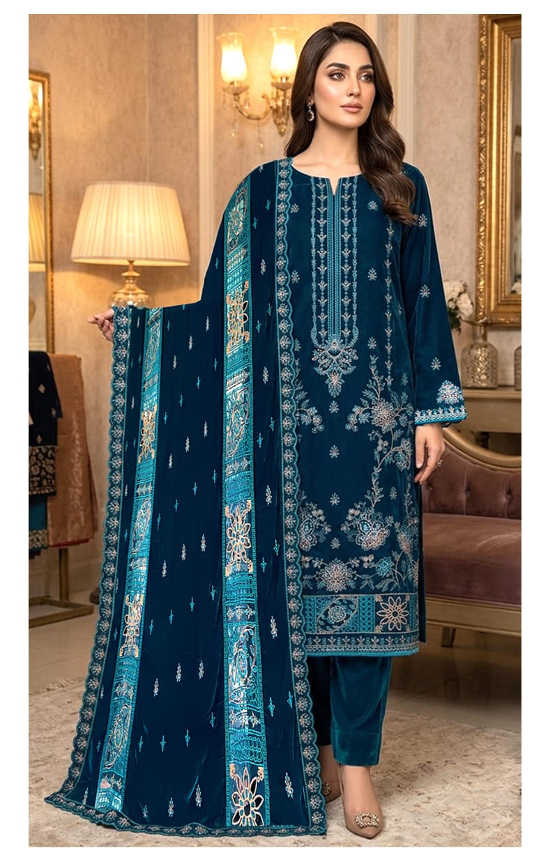 Velvet Premium Exclusive Heavy Embroidered 3Pc – Royal Zinc | V177