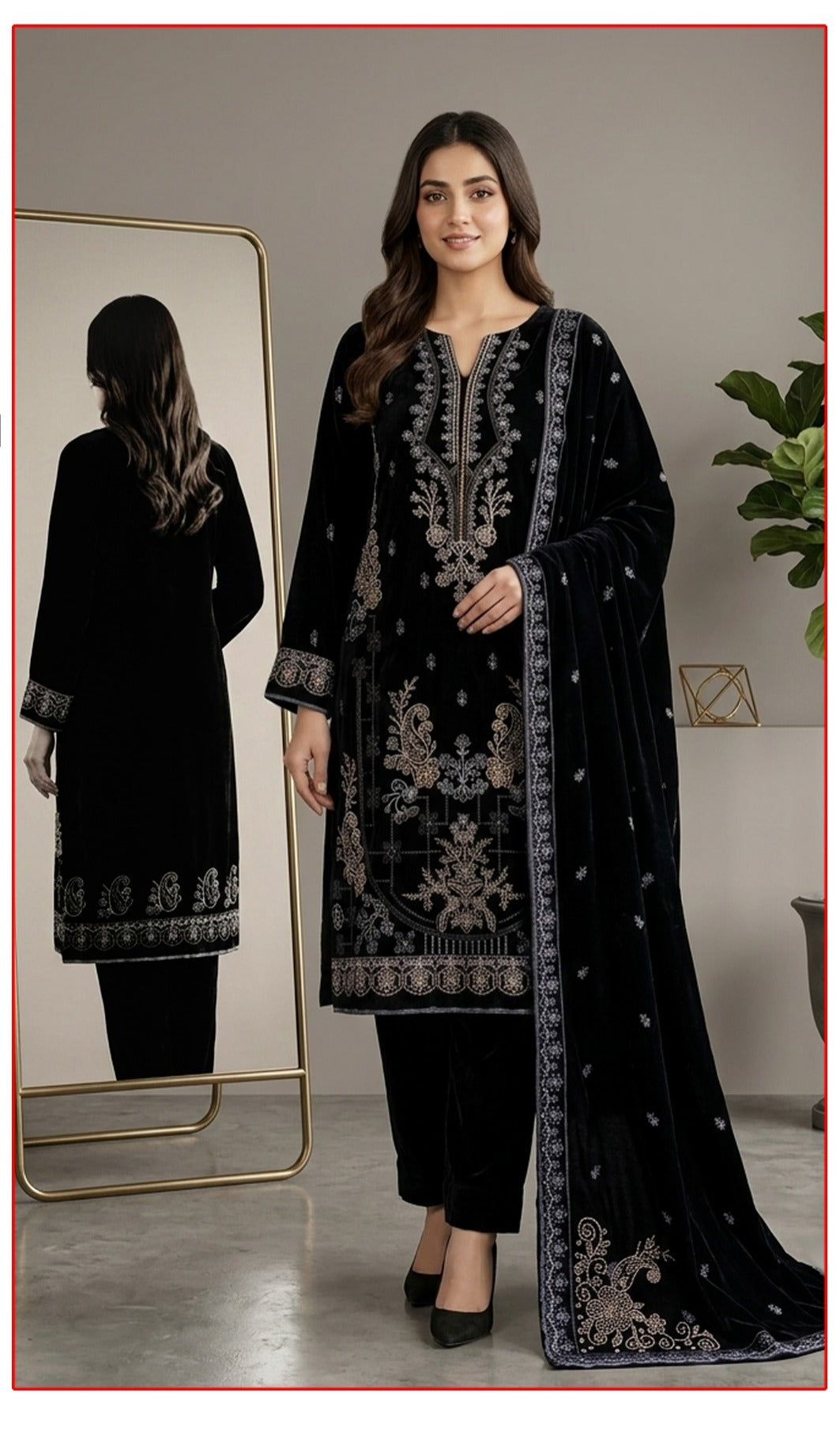 Velvet Premium Exclusive Heavy Embroidered 3Pc – Classic Black | V181