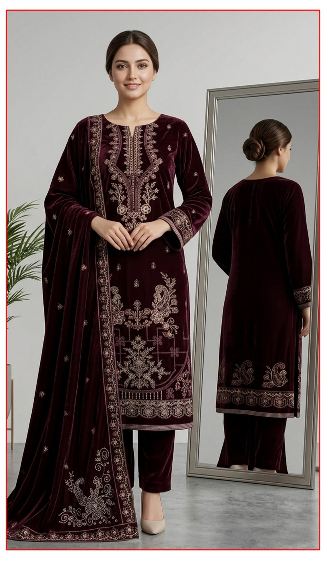 Velvet Premium Exclusive Heavy Embroidered 3Pc – Brown | V181