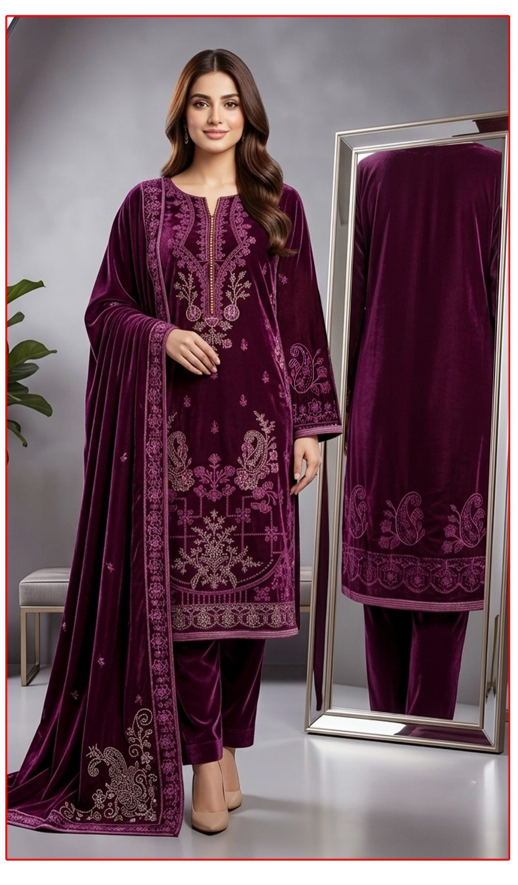 Velvet Premium Exclusive Heavy Embroidered 3Pc – Maroon | V181