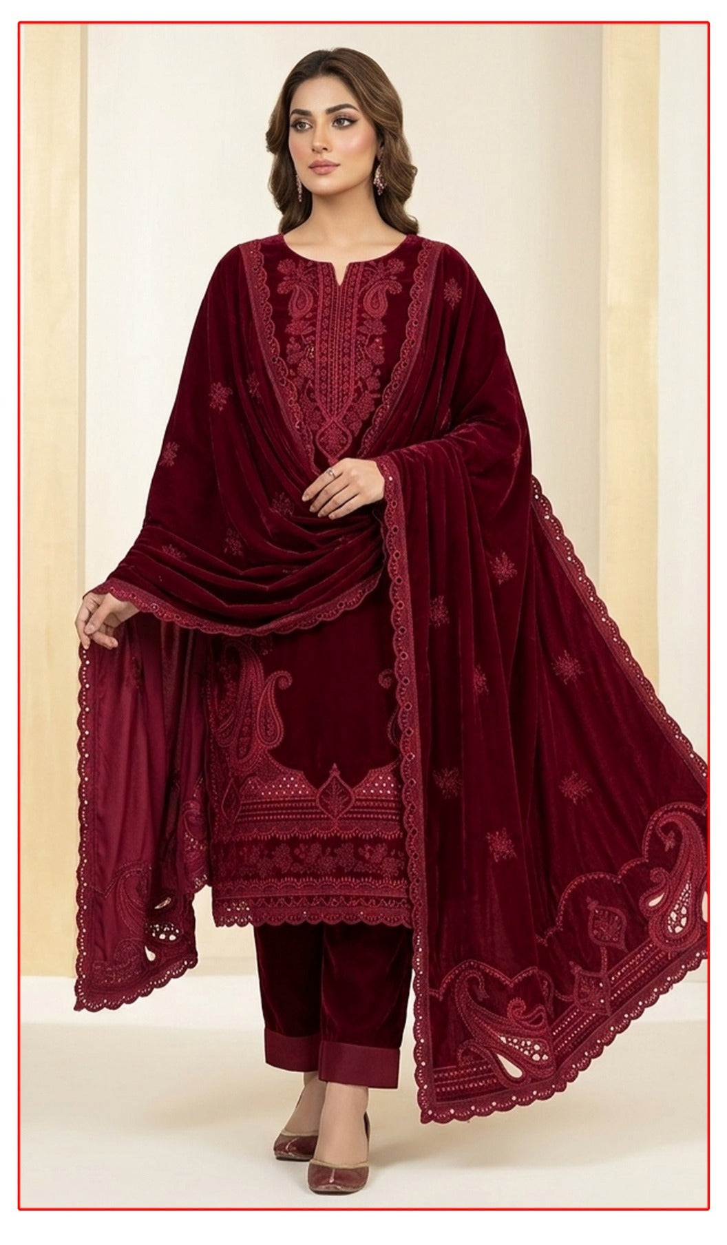 Velvet Premium Exclusive Heavy Embroidered 3Pc – Cherry | V191