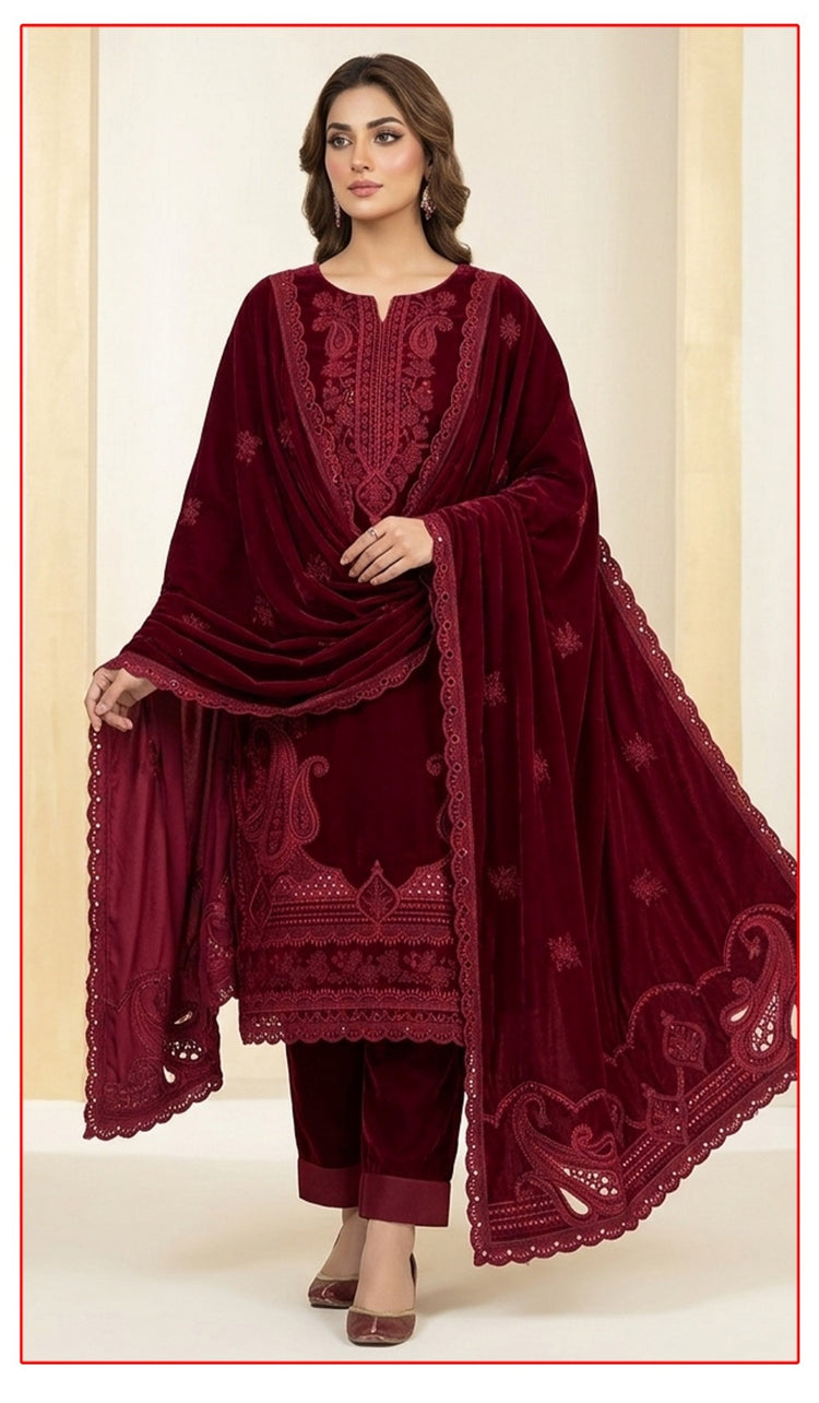 Velvet Premium Exclusive Heavy Embroidered 3Pc – Cherry | V191