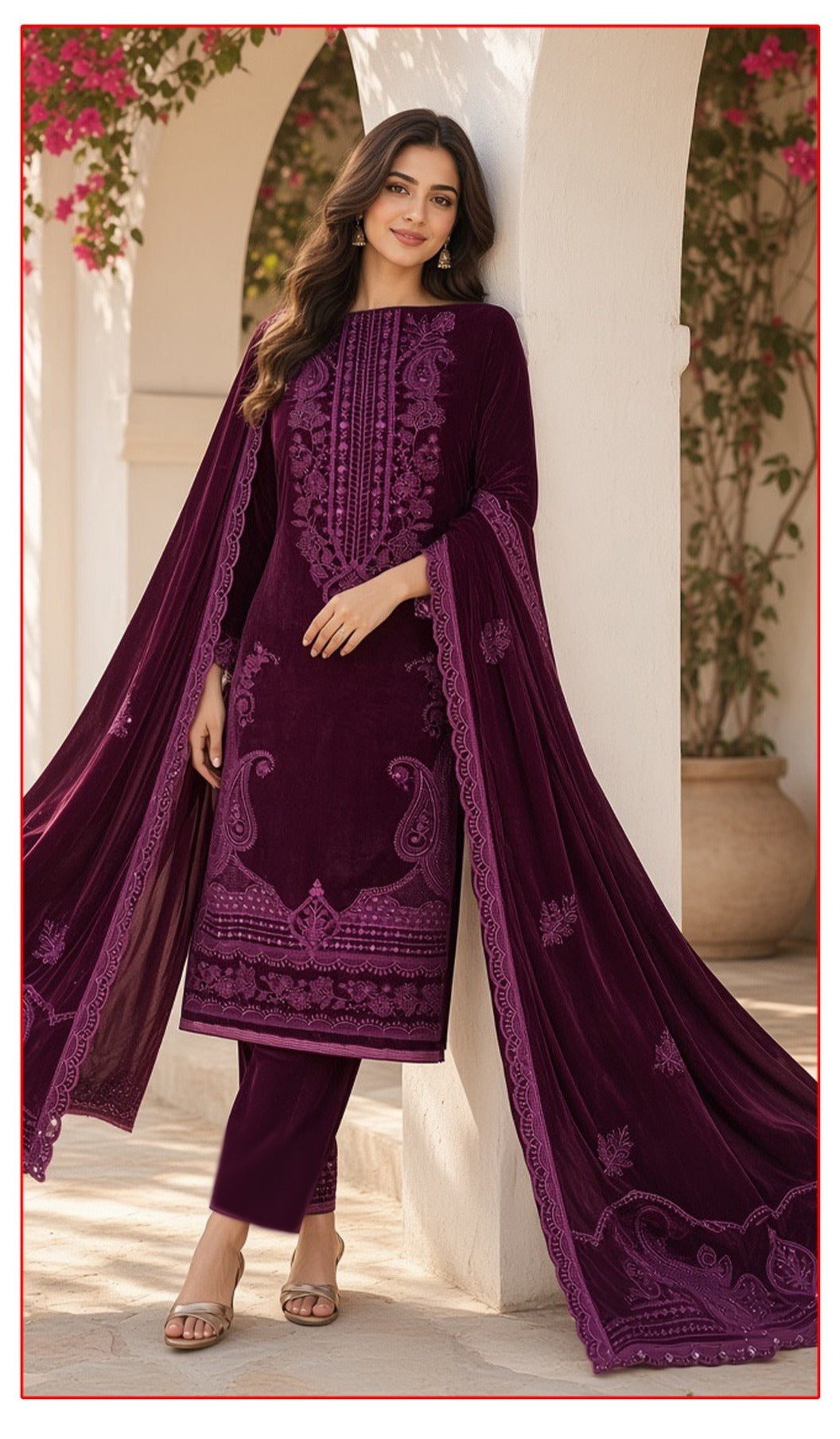 Velvet Premium Exclusive Heavy Embroidered 3Pc – Maroon | V191