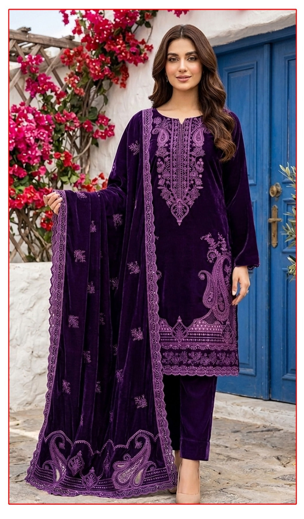 Velvet Premium Exclusive Heavy Embroidered 3Pc – Purple | V191