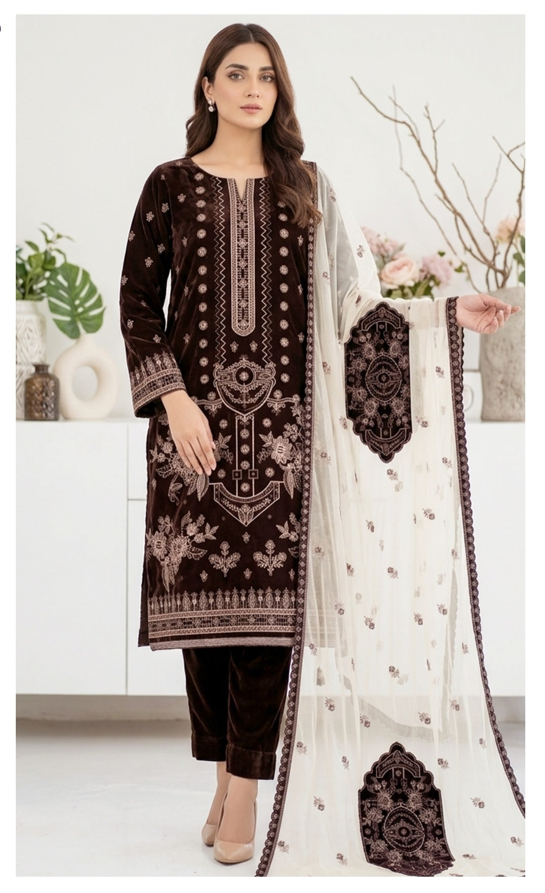 Velvet Premium Exclusive Heavy Embroidered 3Pc – Brown | V194