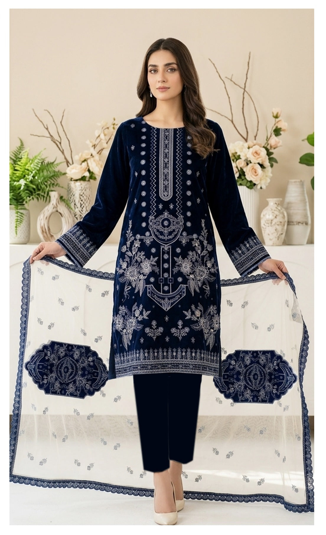 Velvet Premium Exclusive Heavy Embroidered 3Pc – Royal Blue | V194