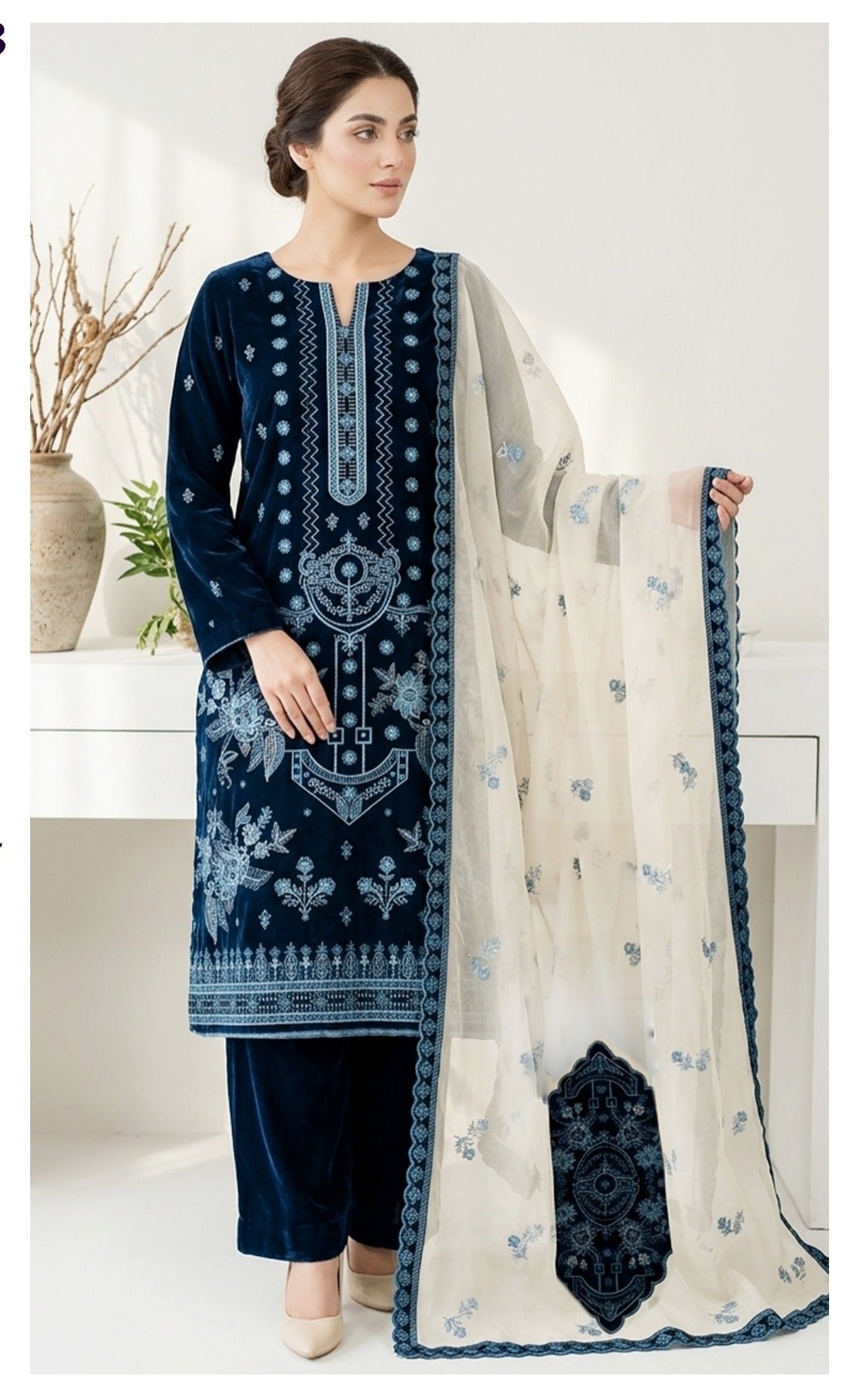 Velvet Premium Exclusive Heavy Embroidered 3Pc – Zinc | V194