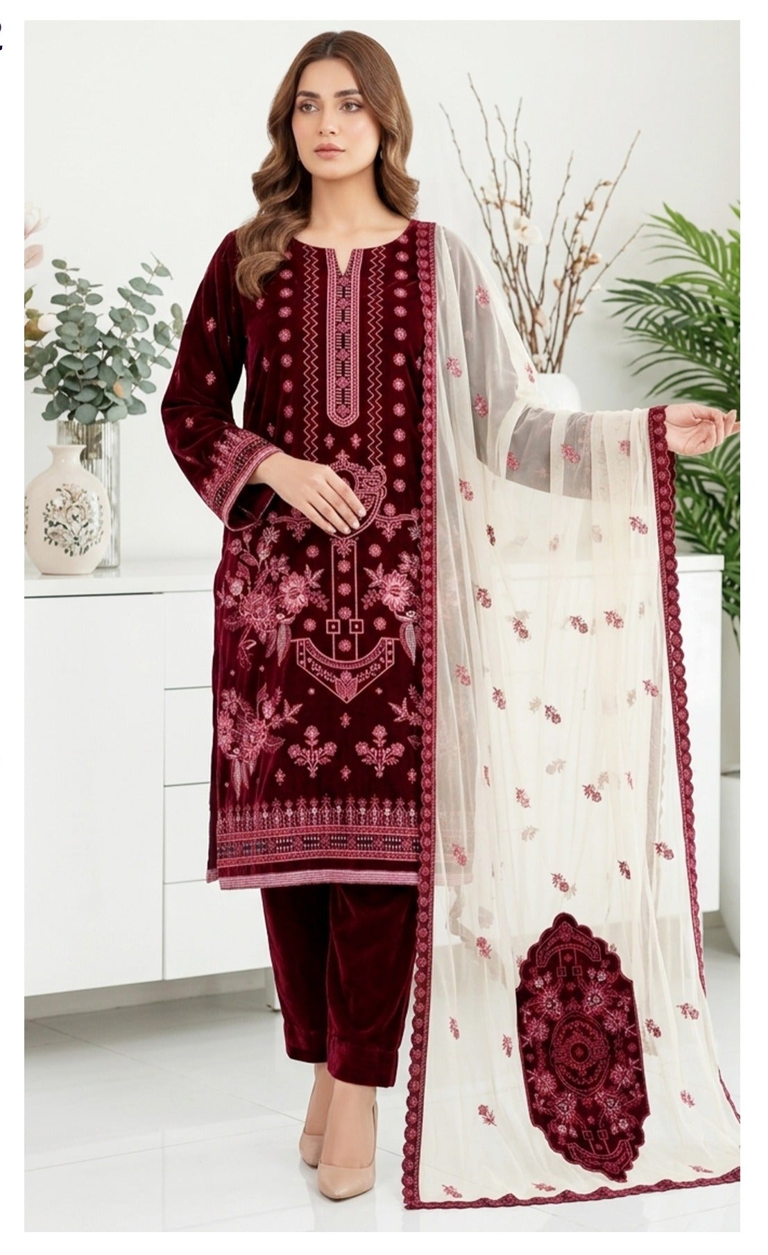 Velvet Premium Exclusive Heavy Embroidered 3Pc – Mehroon | V194