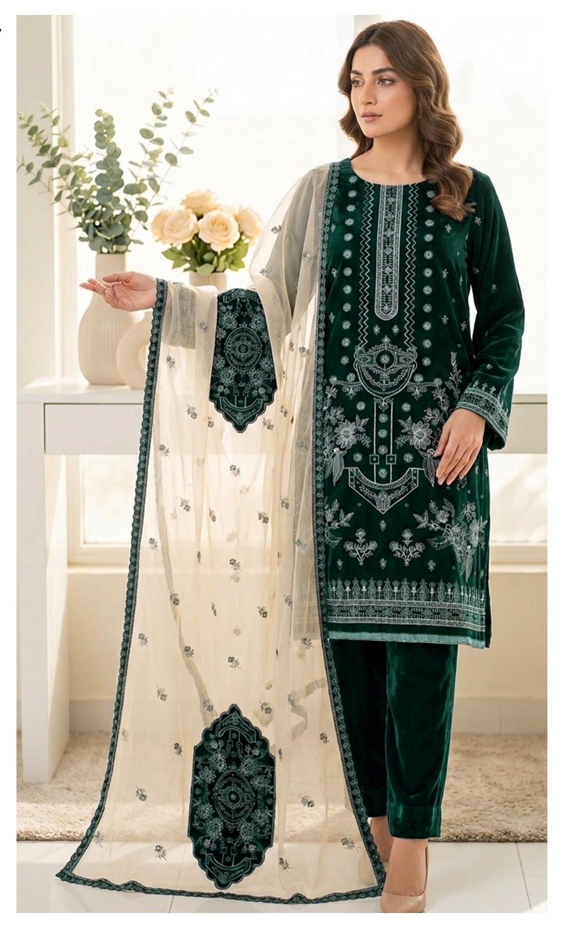 Velvet Premium Exclusive Heavy Embroidered 3Pc – Mongia | V194