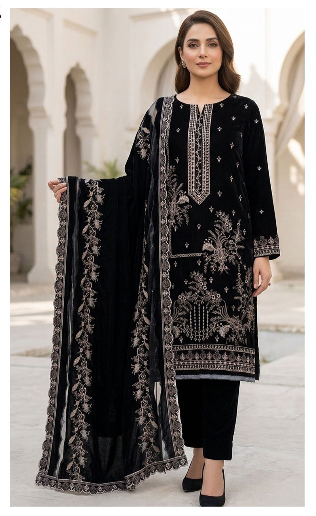 Velvet Premium Exclusive Heavy Embroidered 3Pc – Classic Black | V198