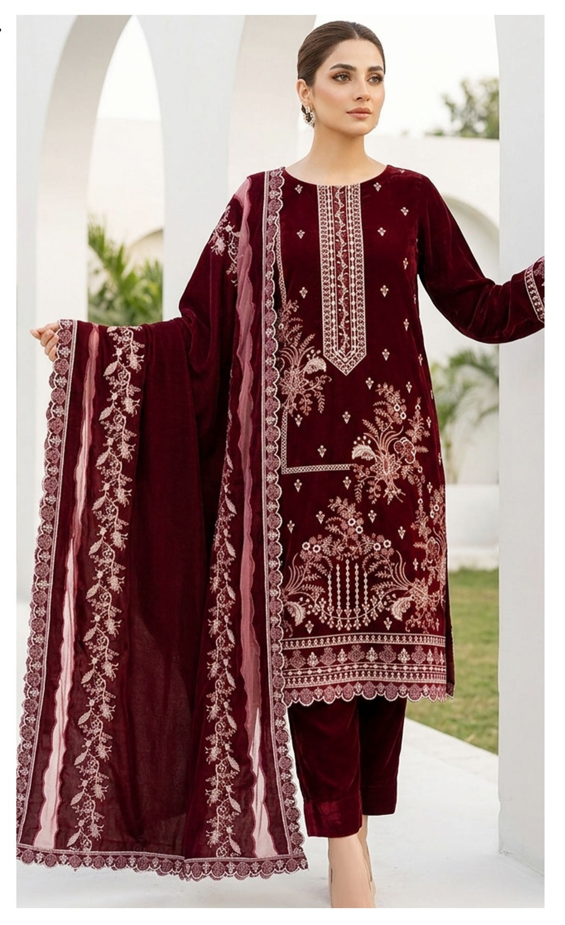 Velvet Premium Exclusive Heavy Embroidered 3Pc – Cherry | V198