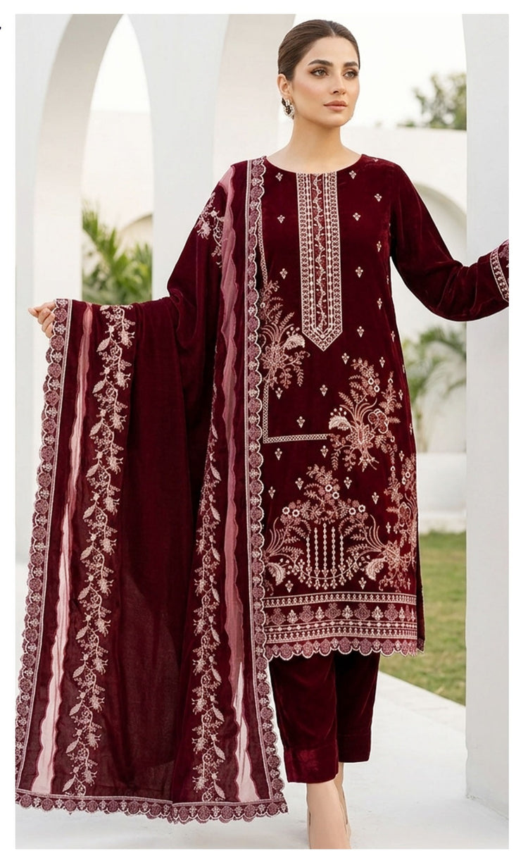 Velvet Premium Exclusive Heavy Embroidered 3Pc – Cherry | V198