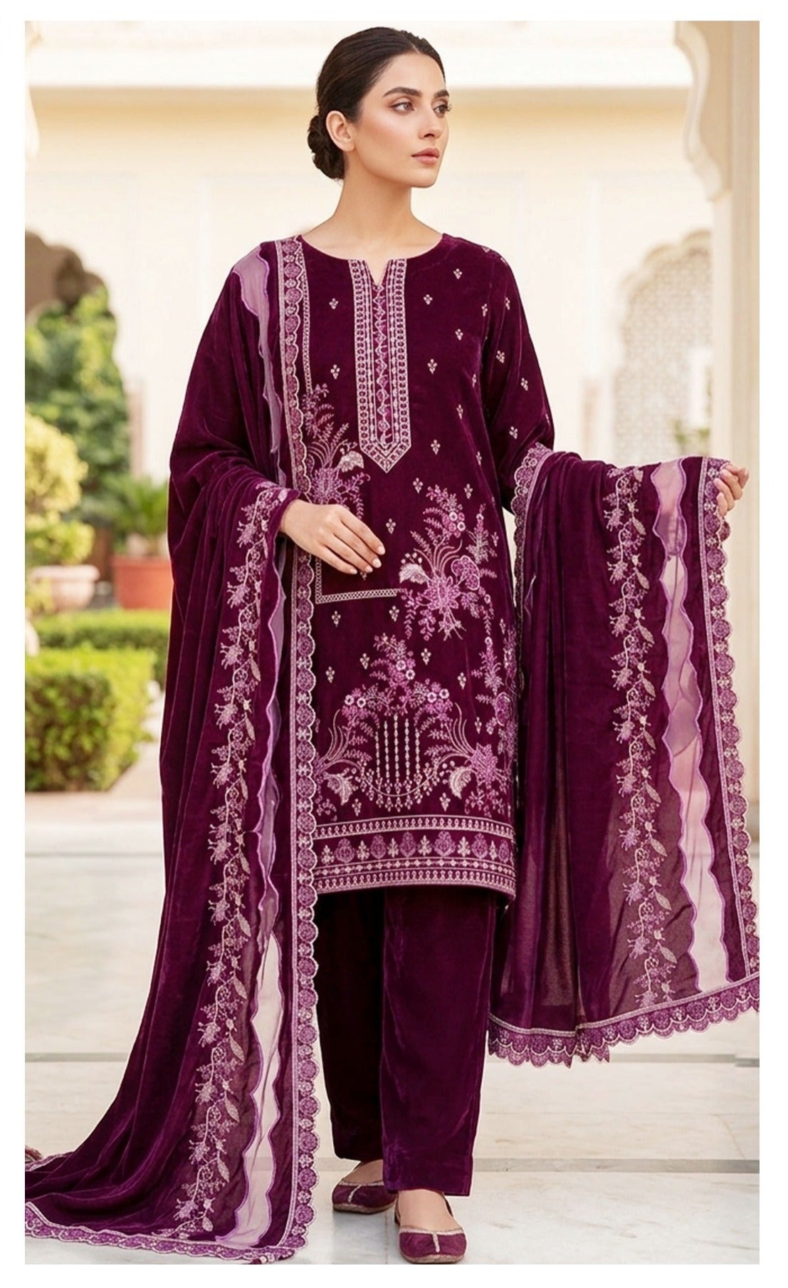 Velvet Premium Exclusive Heavy Embroidered 3Pc – Maroon | V198