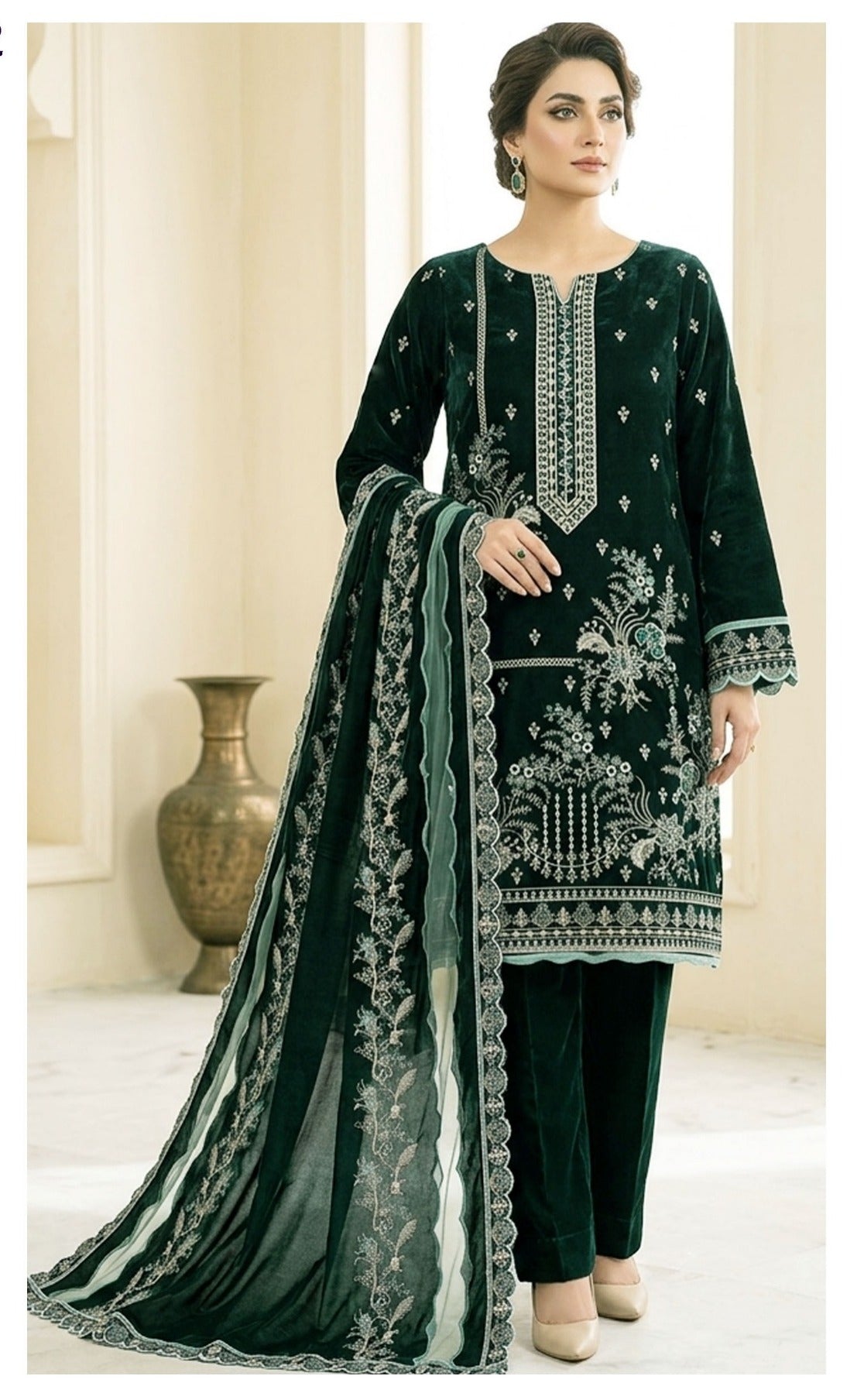 Velvet Premium Exclusive Heavy Embroidered 3Pc – Mongia | V198