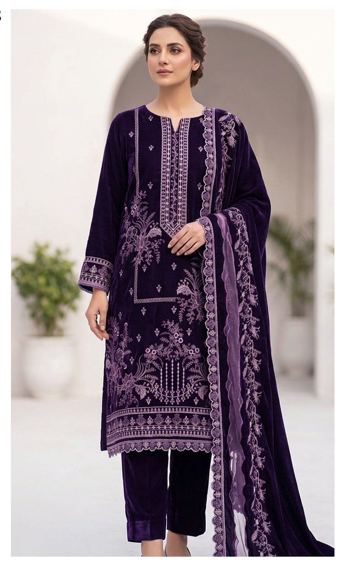 Velvet Premium Exclusive Heavy Embroidered 3Pc – Purple | V198