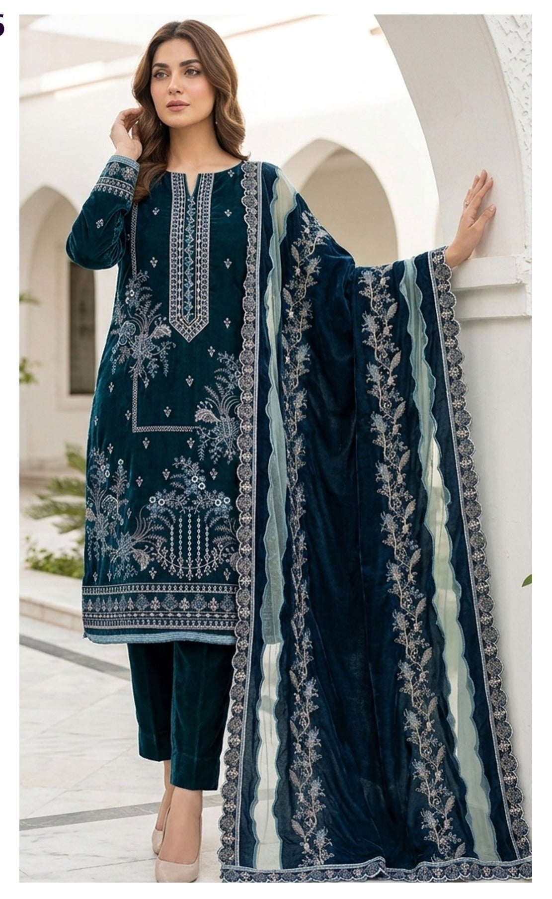 Velvet Premium Exclusive Heavy Embroidered 3Pc – Zinc | V198