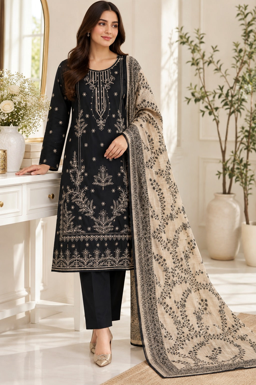 Dhanak 3Pc with Handmade Multani Shawl – Classic Black
