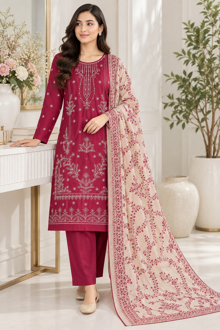 Dhanak 3Pc with Handmade Multani Shawl – Mehroon