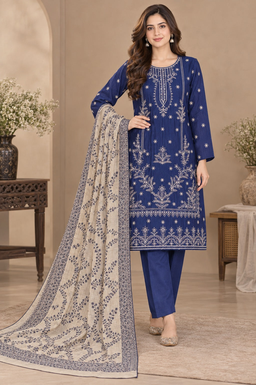 Dhanak 3Pc with Handmade Multani Shawl – Royal Blue
