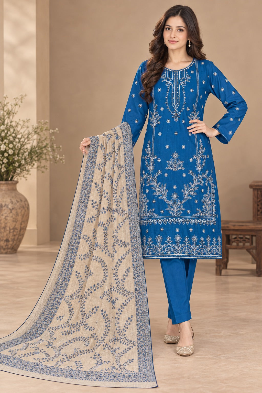 Dhanak 3Pc with Handmade Multani Shawl – Sky Blue