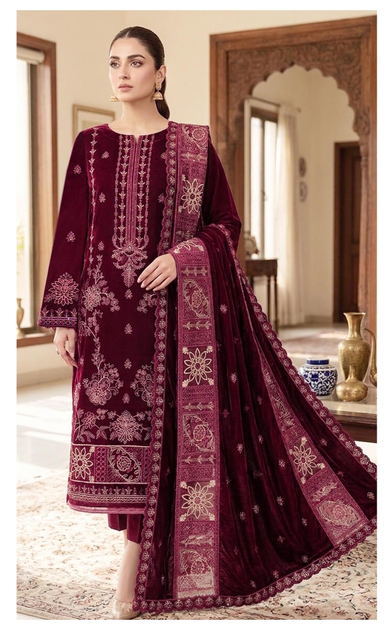 Velvet Premium Exclusive Heavy Embroidered 3Pc – Mehroon | V177